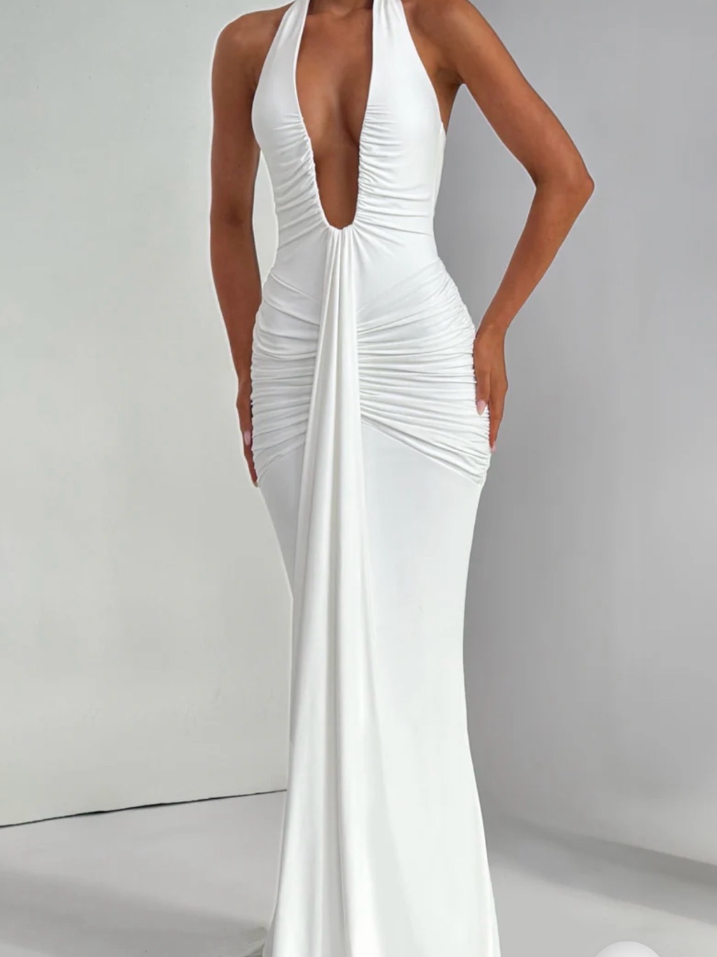 Babyboo Rosetta Maxi Dress - White Backless Halter Plunge Evening Gown